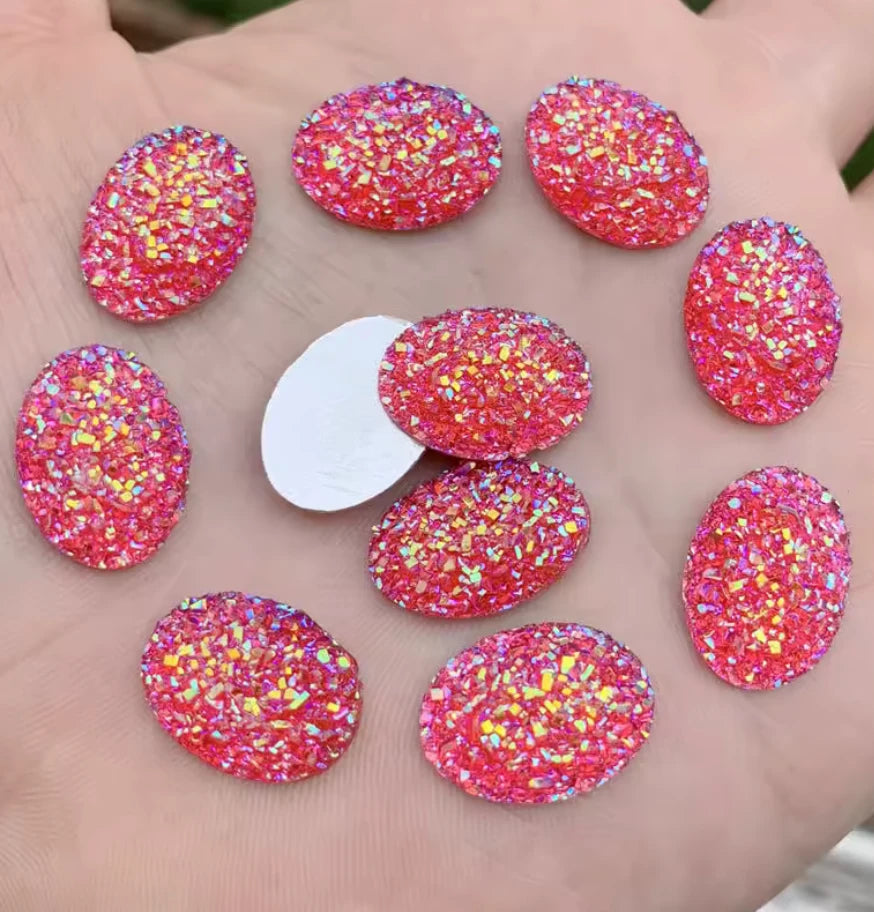 13*18mm Red AB Oval Druzy, Glue on, Resin Gem, (Sold in Pair) Resin Gems