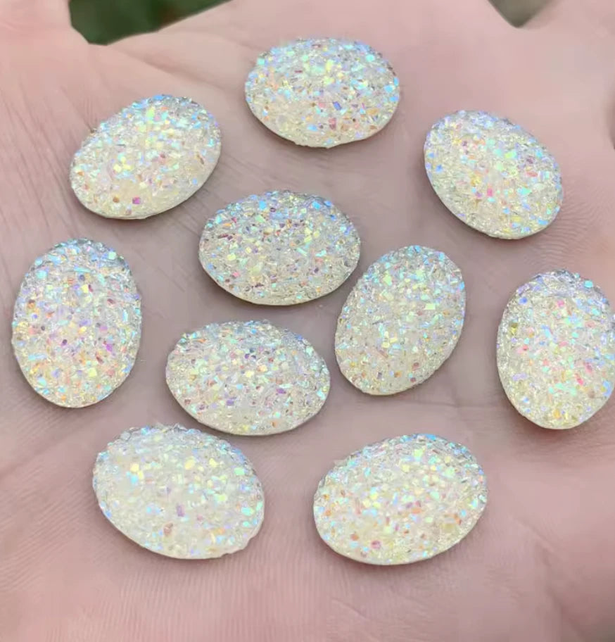 13*18mm White AB Oval Druzy, Glue on, Resin Gem, (Sold in Pair) Resin Gems