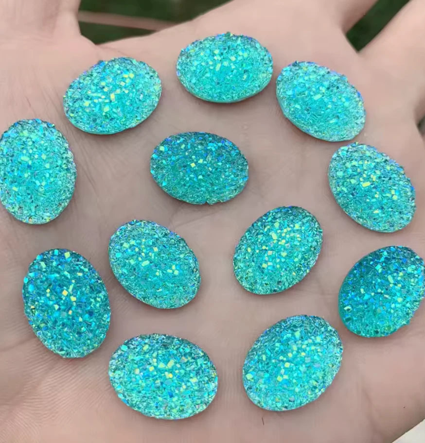13*18mm Aqua Oval Druzy, Glue on, Resin Gem, (Sold in Pair) Resin Gems