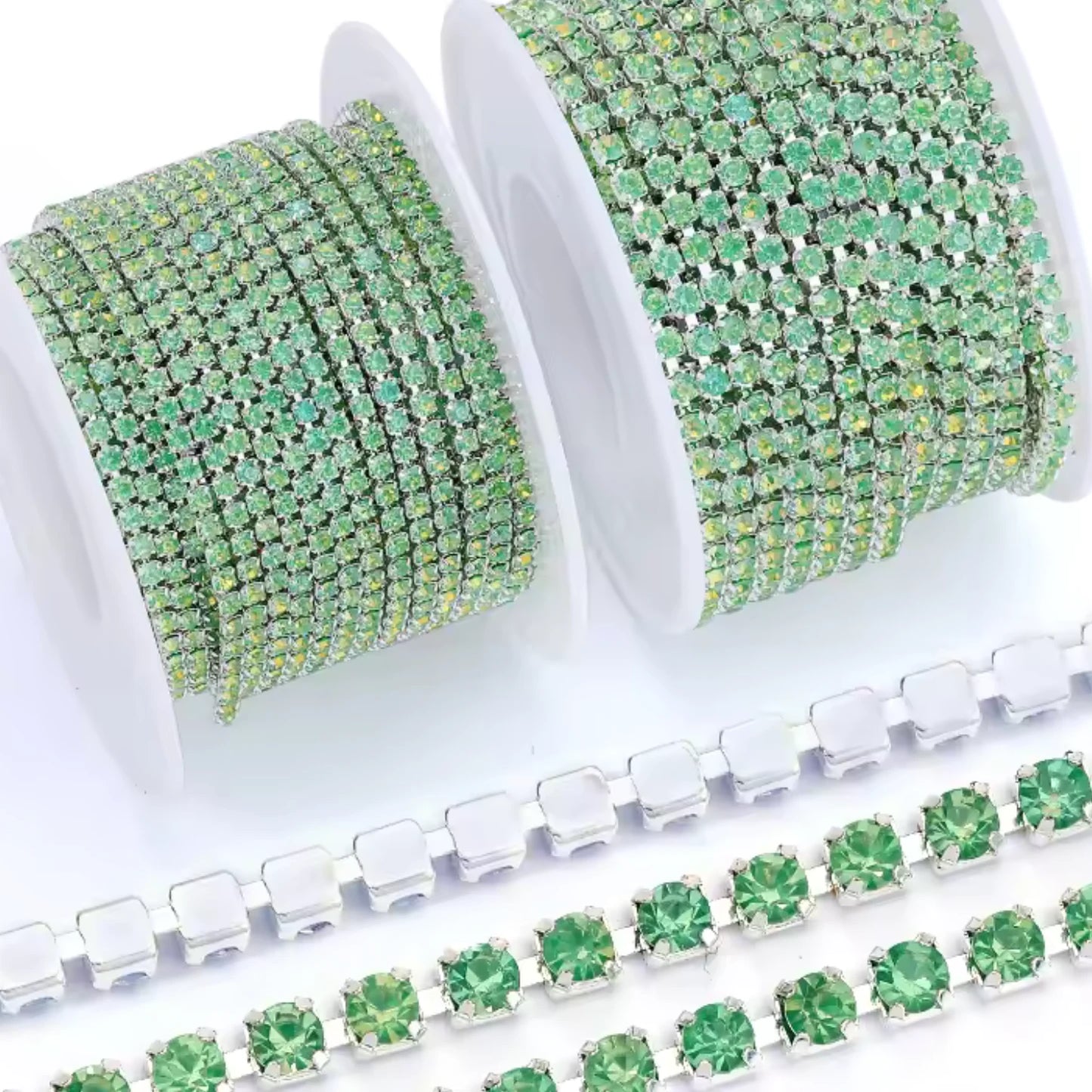 Ss6 Mocha Light Green AB Stone on Silver Rhinestone Chain (Sold in Yard) Metal Rhinestone Chain