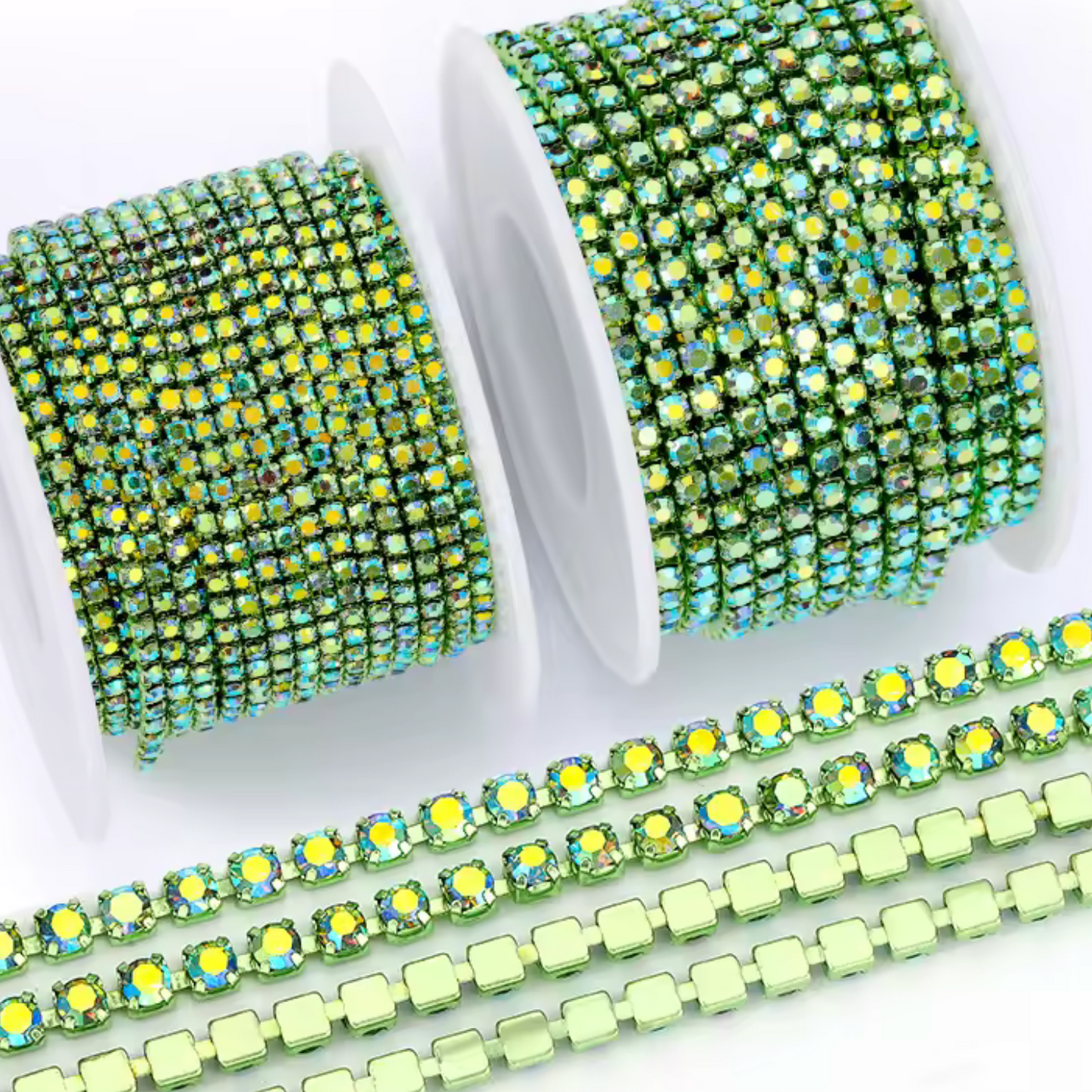 Ss6 Light Green AB Stone On Light Green Coloured Chain, (Sold by Yard) Sundaylace Creations & Bling
