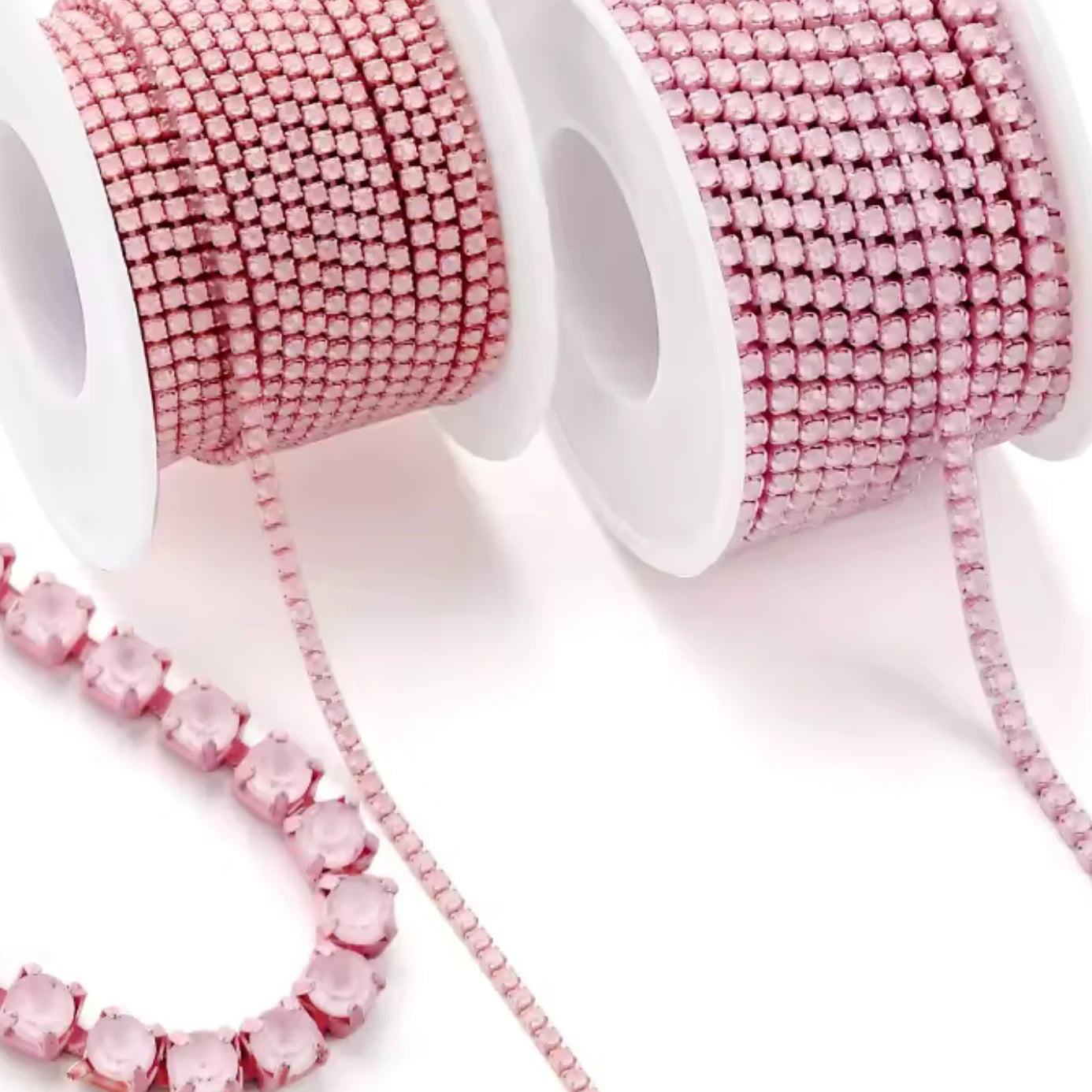 Ss6 Jelly Light Pink On Light Pink Coloured Chain, (Sold by Yard) SS6 Metal Rhinestone Chain