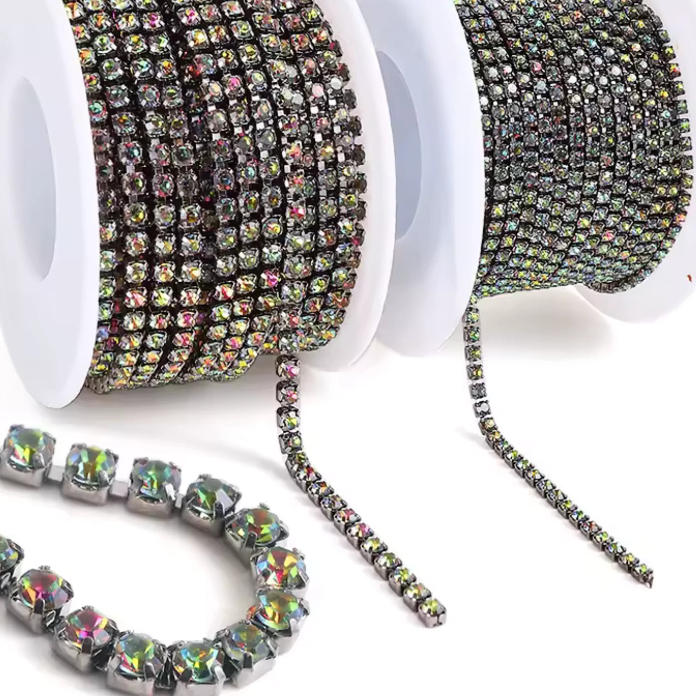 Ss6 Rainbow Volcano Stone On Silver Chain, (Sold by Yard) SS6 Metal Rhinestone Chain