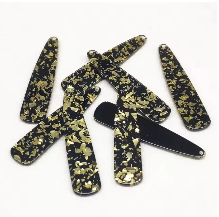 11*55mm Gold Flakes Glitter Flakes on Black Long Teardrop Large One Hole, Sew On, Resin Gem, (Sold in Pair) Resin Gems