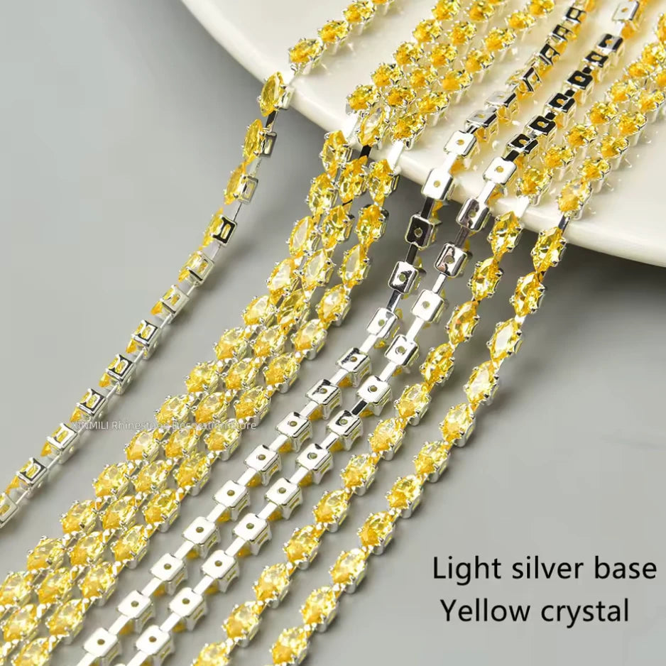3*6mm Pale Yellow Navette DIAMOND STONE with Silver Rhinestone Fancy Metal Chain, Sold in 36" Sundaylace Creations & Bling