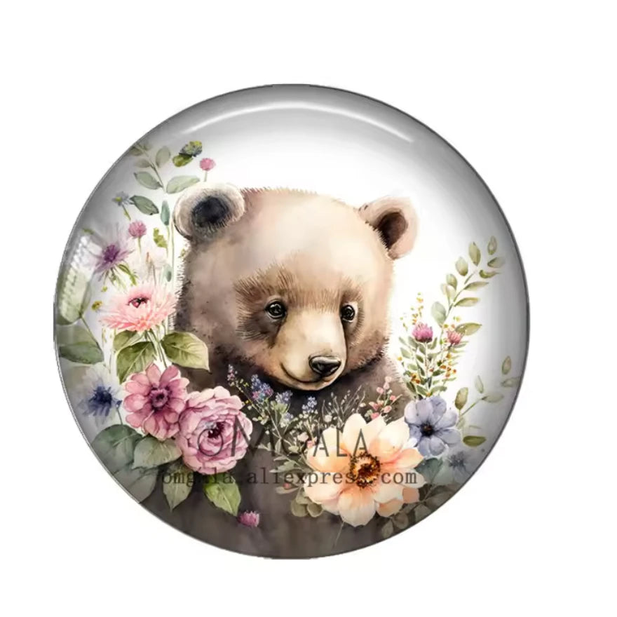 20mm Bear in Flower Garden Acrylic Printed Circle, Glue on, Resin Gem (Sold in Pair) Resin Gems