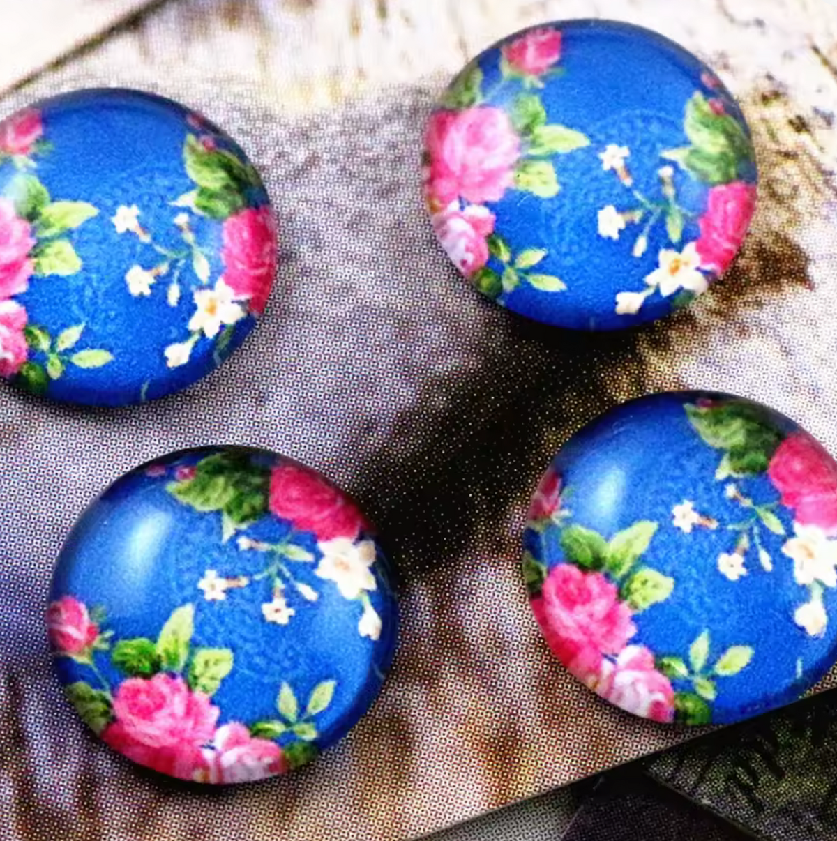 12mm Flower Tree on Blue Background Round, Glue On, Resin Gem (Sold in Pair) Resin Gems