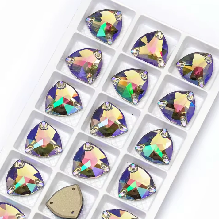 12mm Ghost Light Grey AB, Fat Triangle Trillion, Sew on, Fancy Glass Gems (Sold in Pair) Fancy Glass Gems