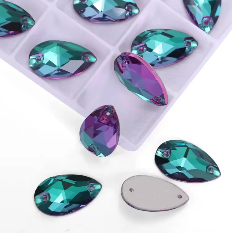 11*18mm Emerald Flame Multi-reflective, Sew on Teardrops, Glass Gems (Sold in Pair) Fancy Glass Gems
