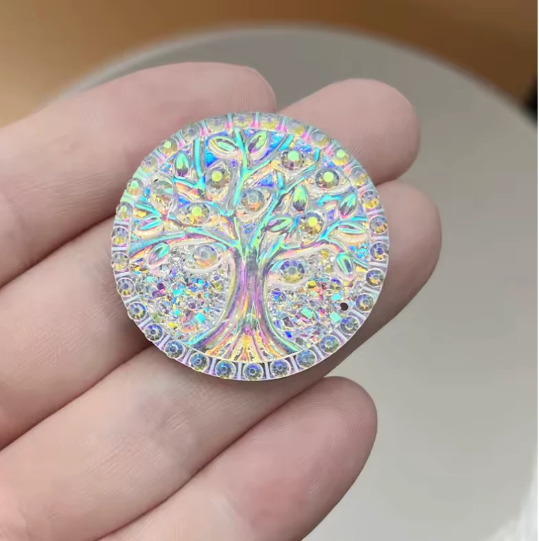 35mm AB Tree of Life Round, Glue on, Resin Gem (Sold In Pair) Resin Gems