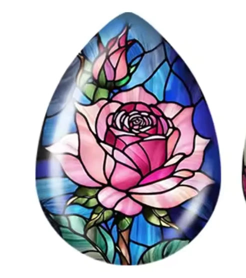 18*25mm Stain Glass Rose in Blue, Glue on, Resin Gems (Sold in Pairs) Resin Gems
