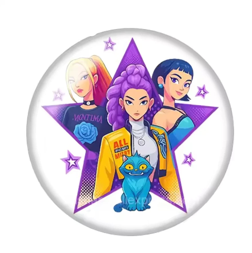 Circular product with three animated characters and a blue cat on a white background, featuring the brand 'goddessglass'.