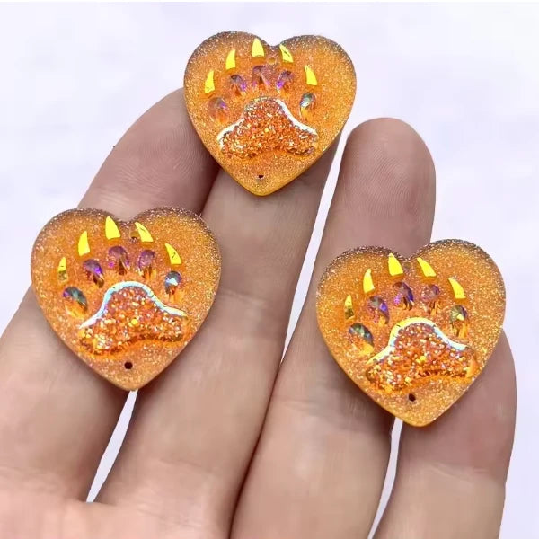 25mm Bear PAW Design in HEART Shaped, Sew on, Resin Gem (Sold in Pair) Resin Gems