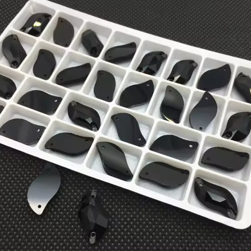 10*20mm Black S or Leaf Shaped, Sew on, Glass Gem (Sold in Pair) Glass Gems