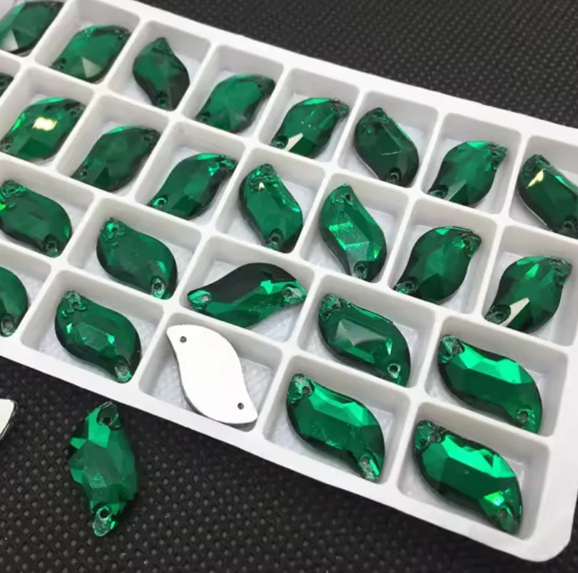 10*20mm Emerald Green S or Leaf Shaped, Sew on, Glass Gem (Sold in Pair) Glass Gems