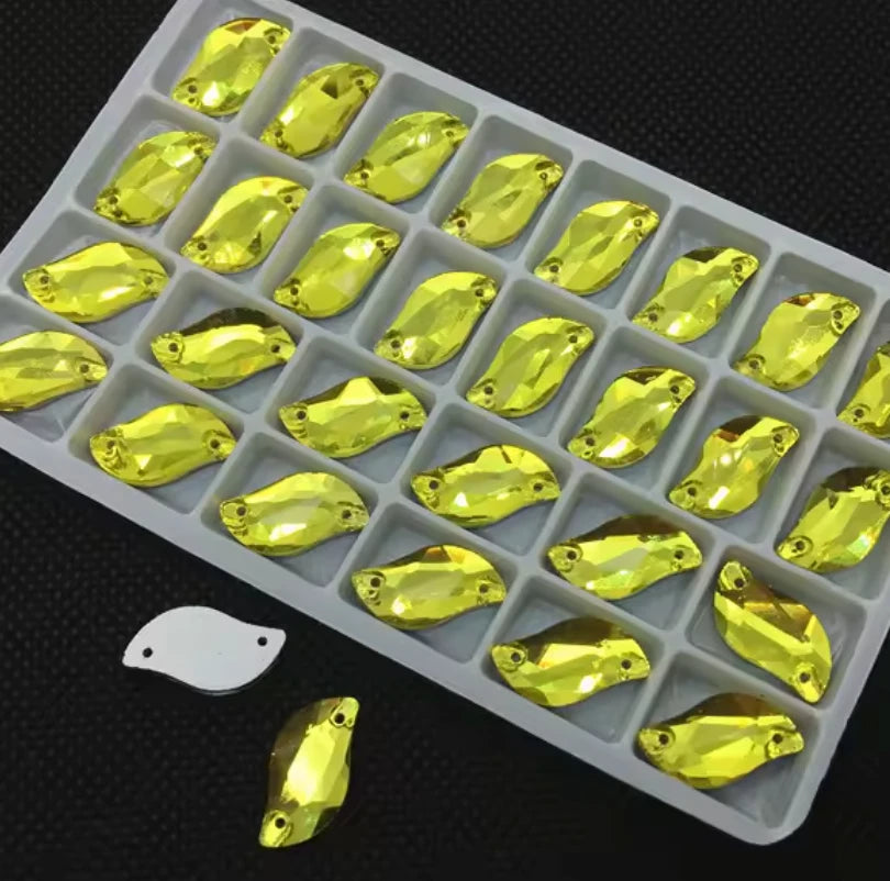 10*20mm Yellow S or Leaf Shaped, Sew on, Glass Gem (Sold in Pair) Glass Gems