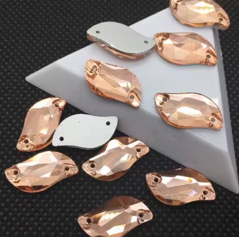 10*20mm Peach S or Leaf Shaped, Sew on, Glass Gem (Sold in Pair) Glass Gems