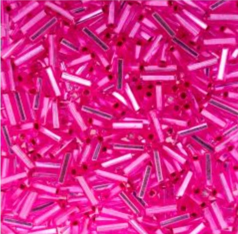 Czech Bugle Beads apx. 19g Vial #3 Silver Lined Fuchsia Dyed John Beads