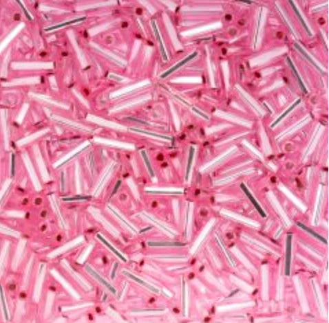 Czech Bugle Beads apx. 19g Vial #3 Silver Lined Pink Dyed John Beads