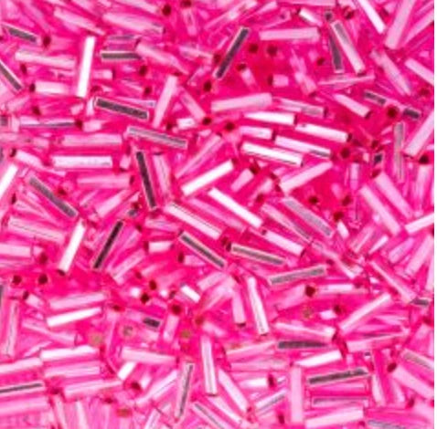 Czech Bugle Beads apx. 19g Vial #3 Silver Lined Rose Dyed John Beads