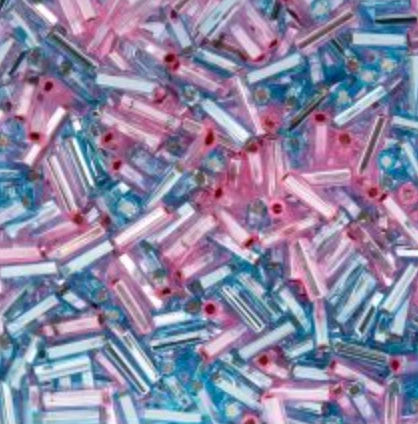 Czech Bugle Beads apx. 19g Vial #3 Silver Lined Pink - Aqua Mix John Beads