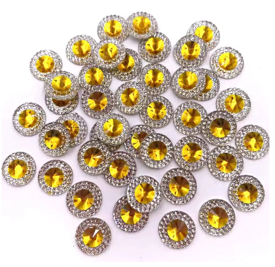 14mm Colourful Round in Silver Frame Rivoli, Sew on, Resin Gem (Sold in Pair) Resin Gems