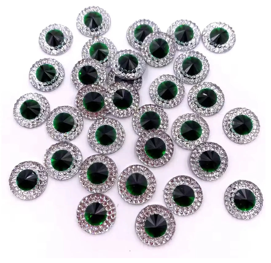 14mm Colourful Round in Silver Frame Rivoli, Sew on, Resin Gem (Sold in Pair) Resin Gems