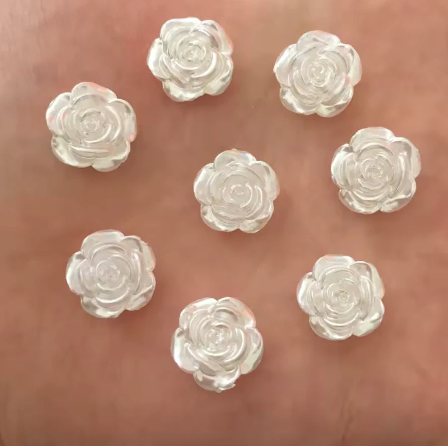 12mm White Rose Pearl Roses Floral Flat Back, Glue on, Resin Gem, (Sold in Pair) Resin Gems