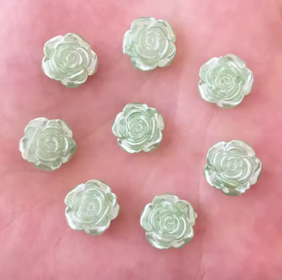 12mm Green Rose Pearl Roses Floral Flat Back, Glue on, Resin Gem, (Sold in Pair) Resin Gems
