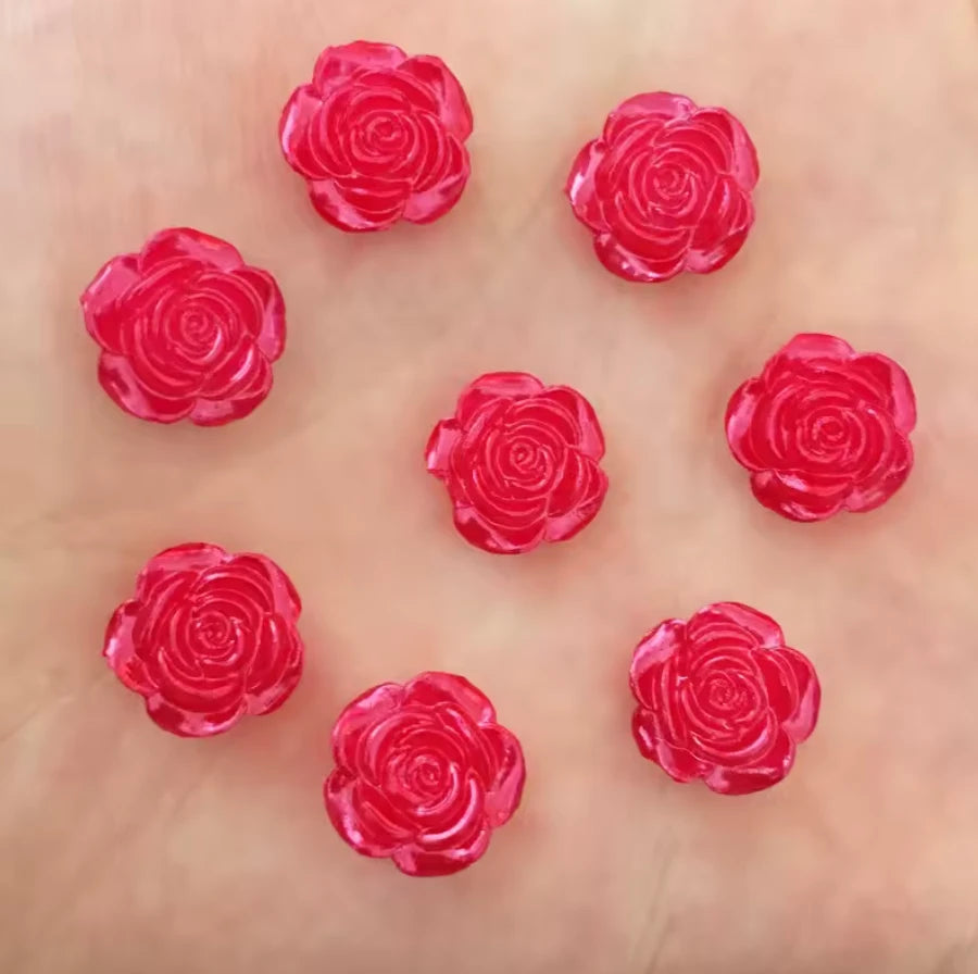12mm Red Rose Pearl Roses Floral Flat Back, Glue on, Resin Gem, (Sold in Pair) Resin Gems