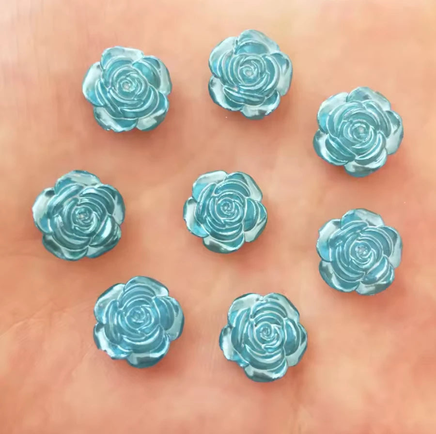 12mm Blue Rose Pearl Roses Floral Flat Back, Glue on, Resin Gem, (Sold in Pair) Resin Gems