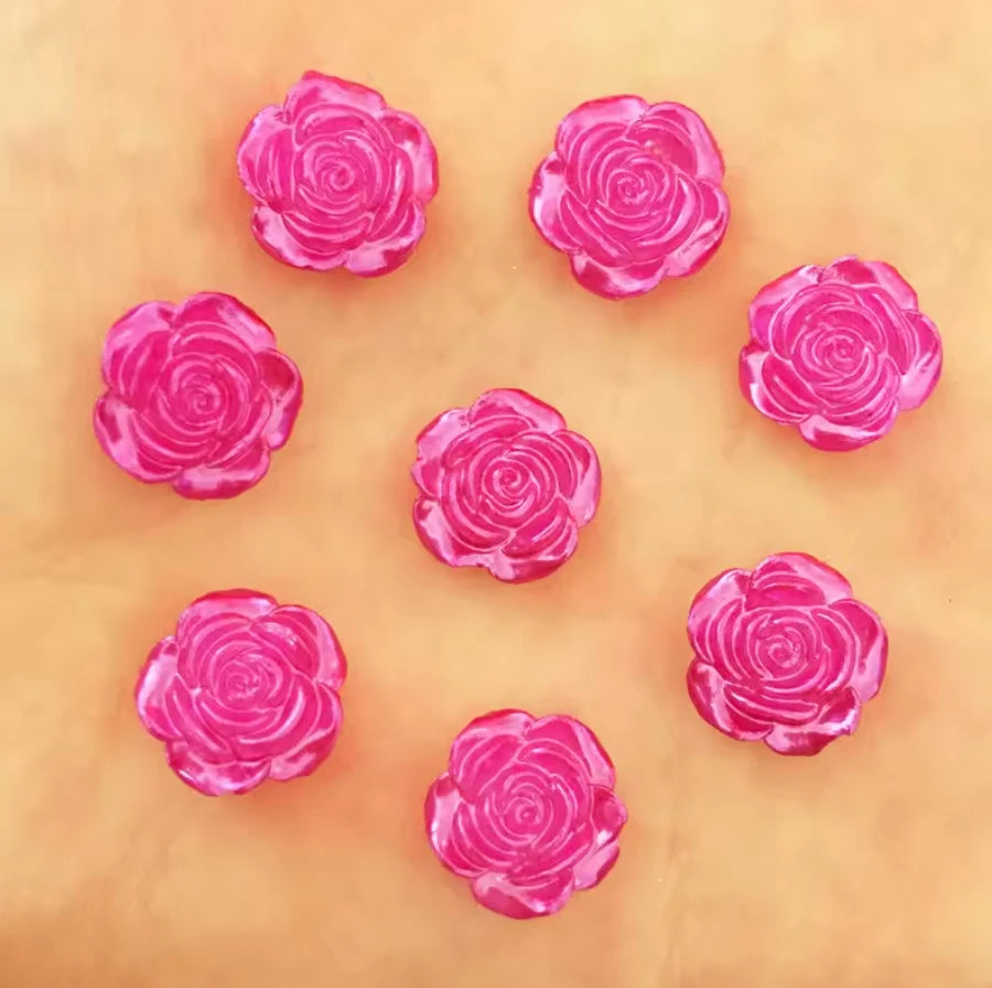 12mm Fuchsia Rose Pearl Roses Floral Flat Back, Glue on, Resin Gem, (Sold in Pair) Resin Gems