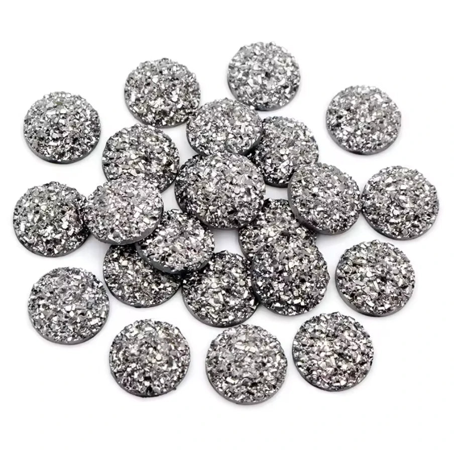 12mm Gunmetal Flat Druzy, Glue on, Resin Gem, (Sold in Pair) Resin Gems