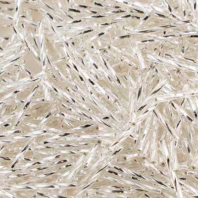 BUGLES Twisted Silver Lined Silver Crystal, Long Tubes, 25mm Bugles Beads