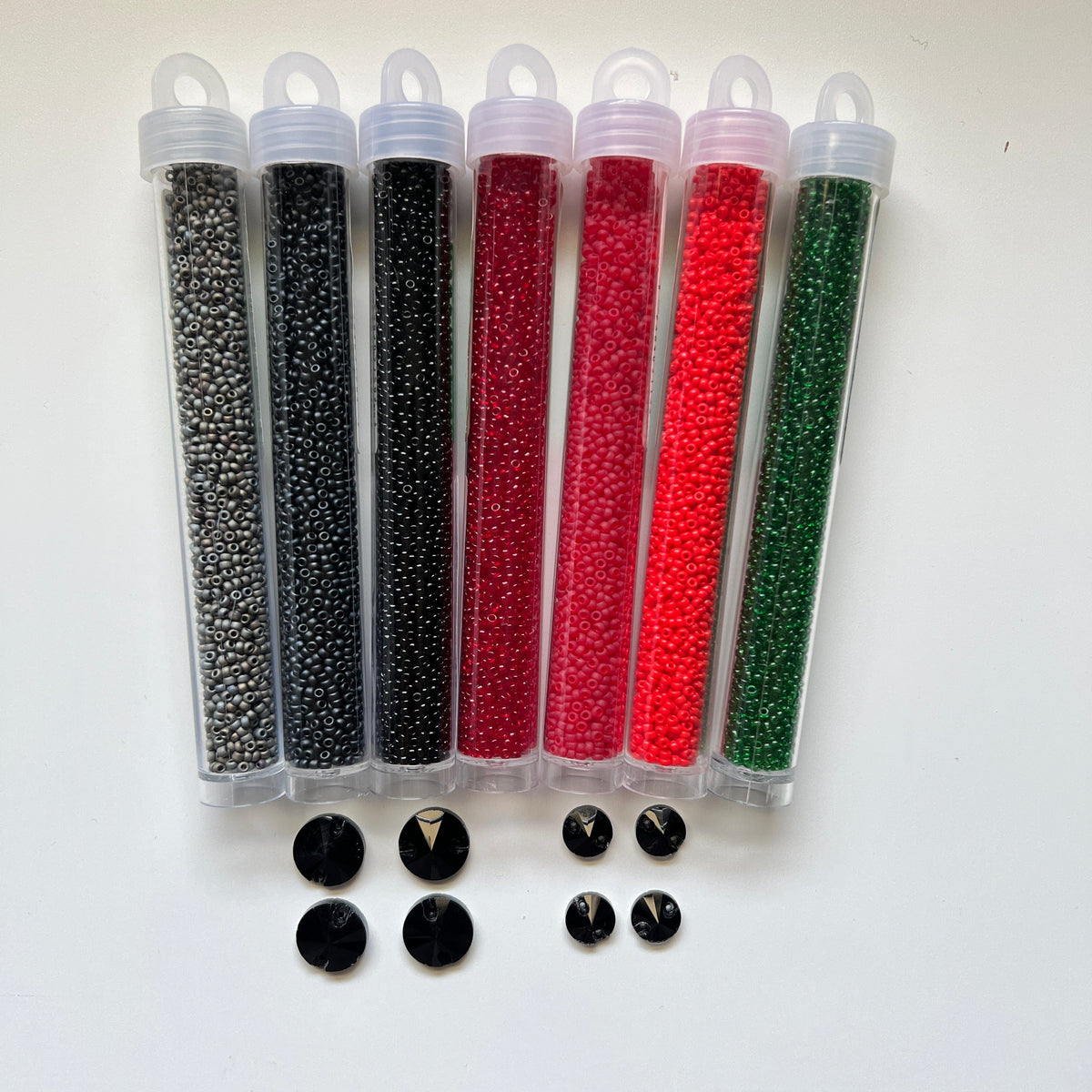 “Shades of Poppy” 7 Miyuki Seed Bead set, 2 Pairs 14mm & 10mm Black Rivoli Gem, Promotions Miyuki Seed Bead 11/0