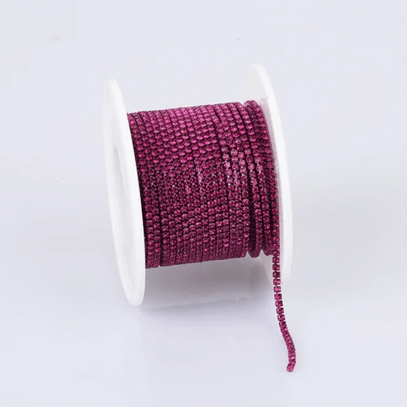 Ss4 Fuchsia Pink Stone, on Coloured Dark Pink Metal Rhinestone Chain (33") SS4 Metal Rhinestone Chain