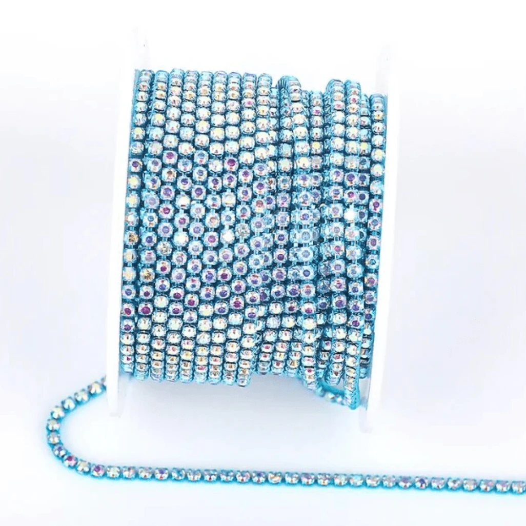 Ss6 AB Stone on Aqua Coloured Metal Rhinestone Chain (Sold in 36") SS6 Metal Rhinestone Chain