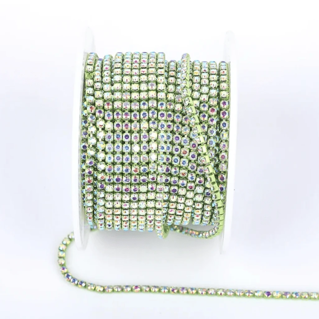 Ss6 AB Stone on Green Peridot Coloured Metal Rhinestone Chain (Sold in 36") SS6 Metal Rhinestone Chain