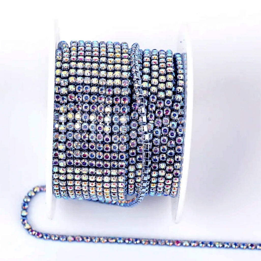 Ss6 AB Stone on Light Blue Coloured Metal Rhinestone Chain (Sold in 36") SS6 Metal Rhinestone Chain