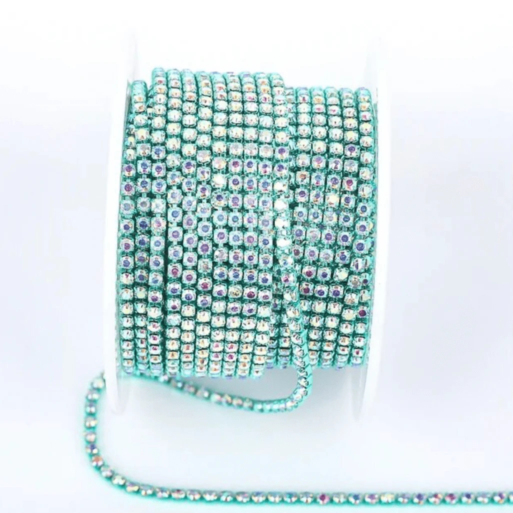 Ss6 AB Stone on Teal Coloured Metal Rhinestone Chain (Sold in 36") SS6 Metal Rhinestone Chain