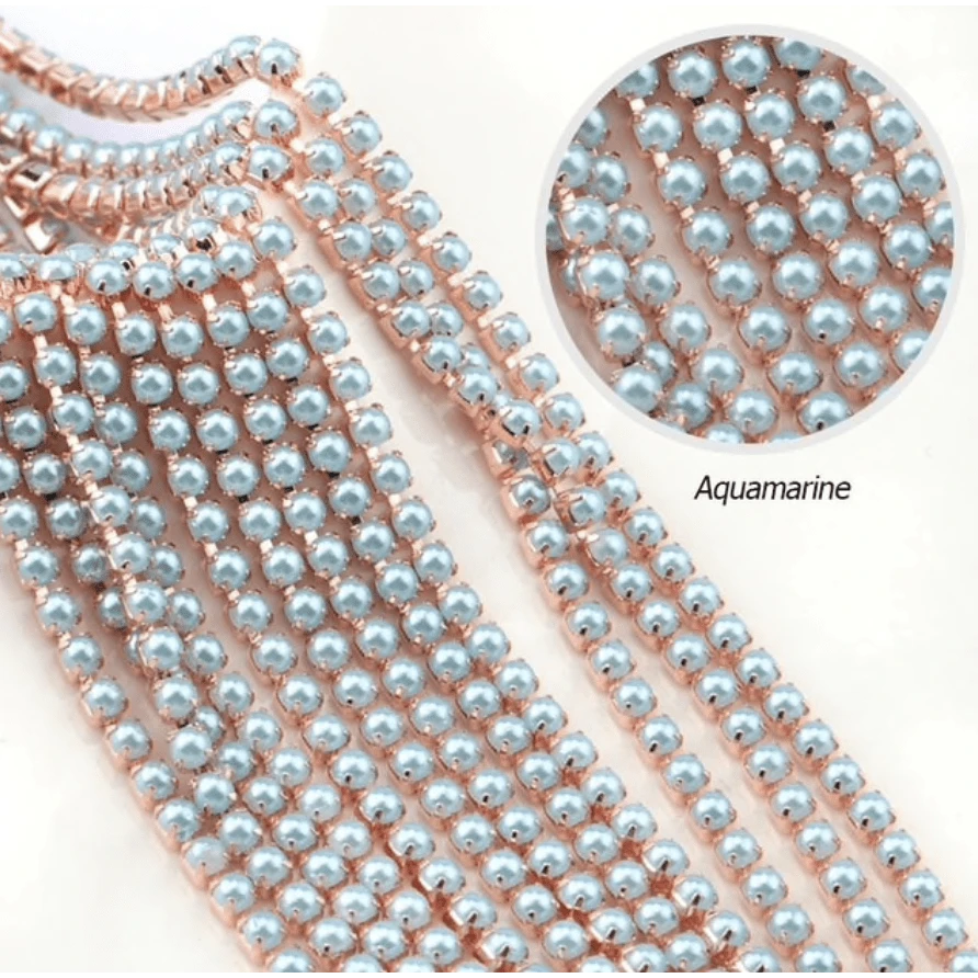 Ss6 Aquamarine Pearl Stone in Rose Gold Metal Chain, Rhinestone Metal Chain (Sold in 36") Metal Rhinestone Chain