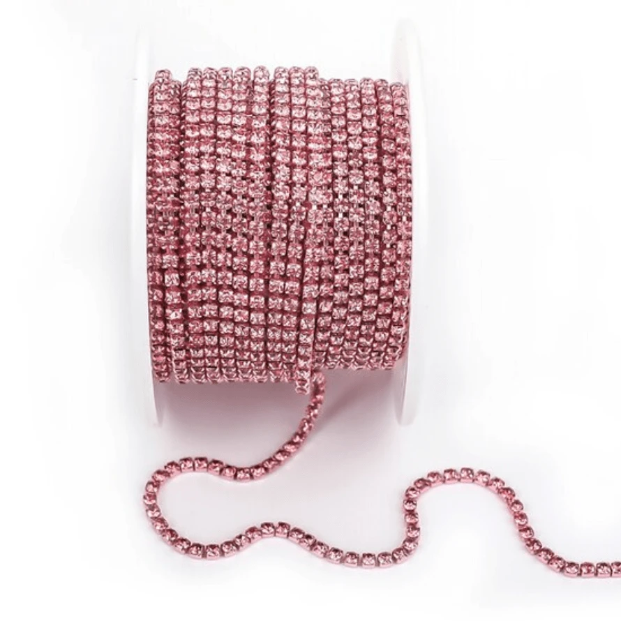 Ss6 Baby Pink Stone, on PINK Coloured Metal Rhinestone Chain (Sold in 36") SS6 Metal Rhinestone Chain