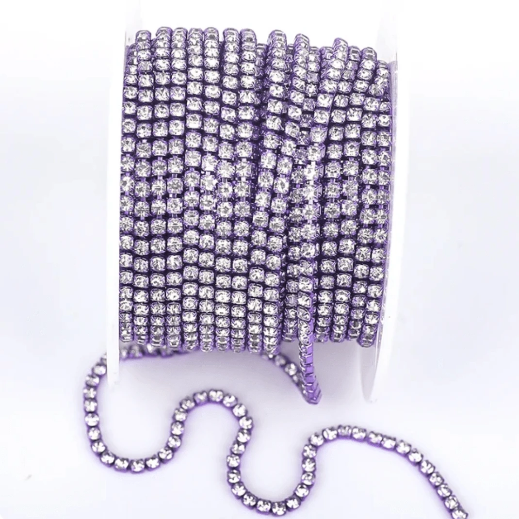 Ss6 Clear Stone on Dark Purple Coloured Metal Rhinestone Chain (Sold in 36") SS6 Metal Rhinestone Chain