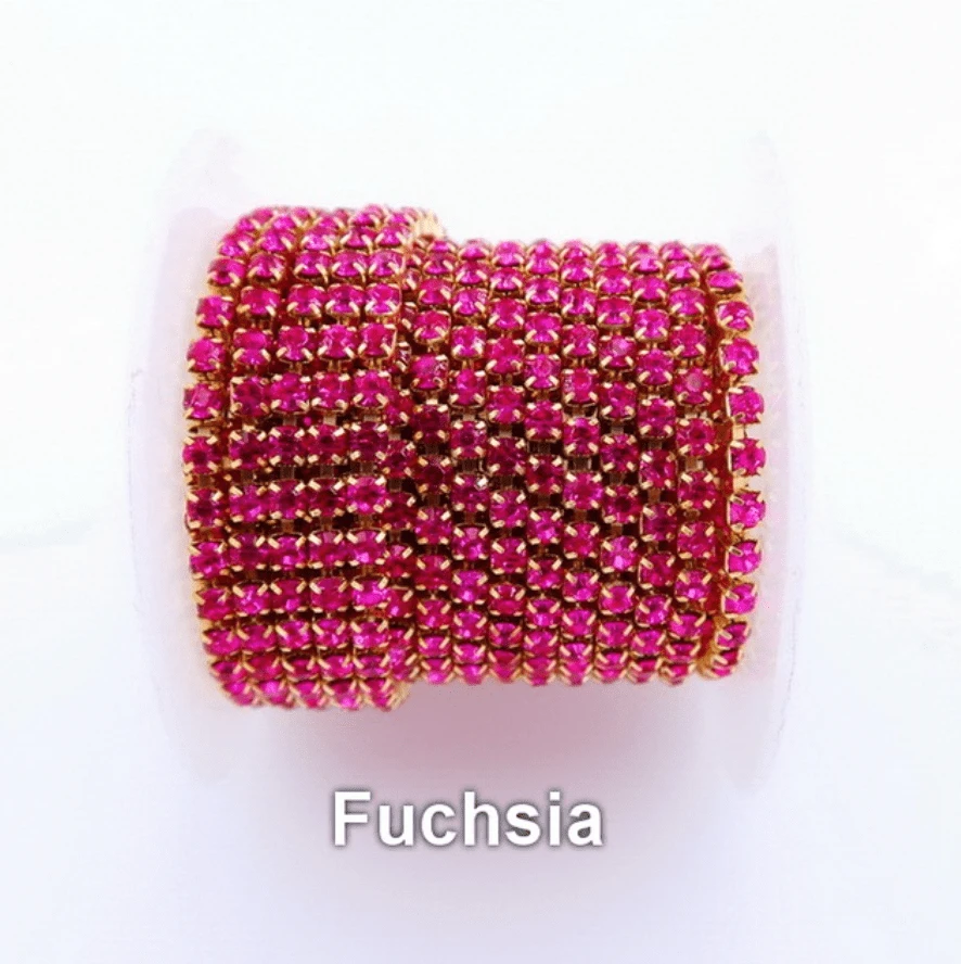 Ss6 Fuchsia Raspberry Pink Rhinestone in Gold Metal Rhinestone Chain (Sold in 33") SS6 Metal Rhinestone Chain