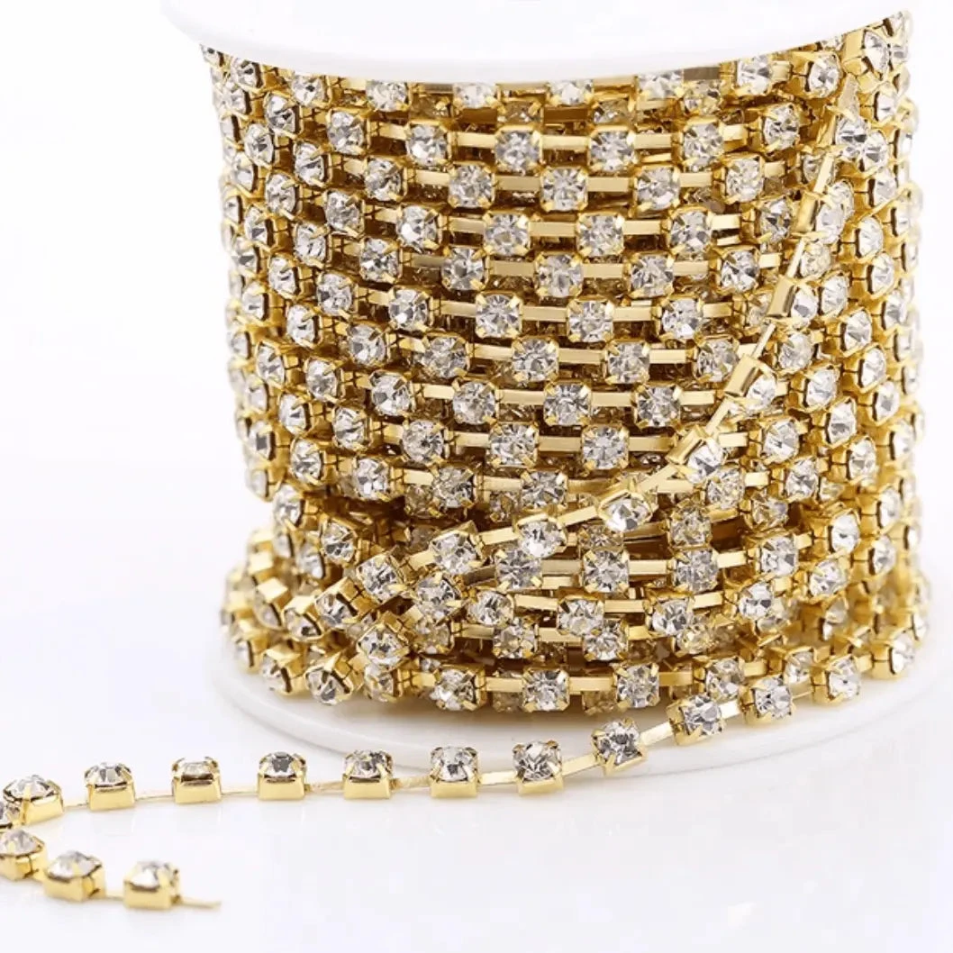 SS6 Gold CLEAR Sparse, Rhinestone Metal Cup Chain, → 10 Yard BULK BUY! Ss6 Metal Rhinestone Chain