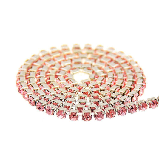 Ss6 Light Pink on SILVER Metal Rhinestone Chain (Sold in 36") SS6 Metal Rhinestone Chain