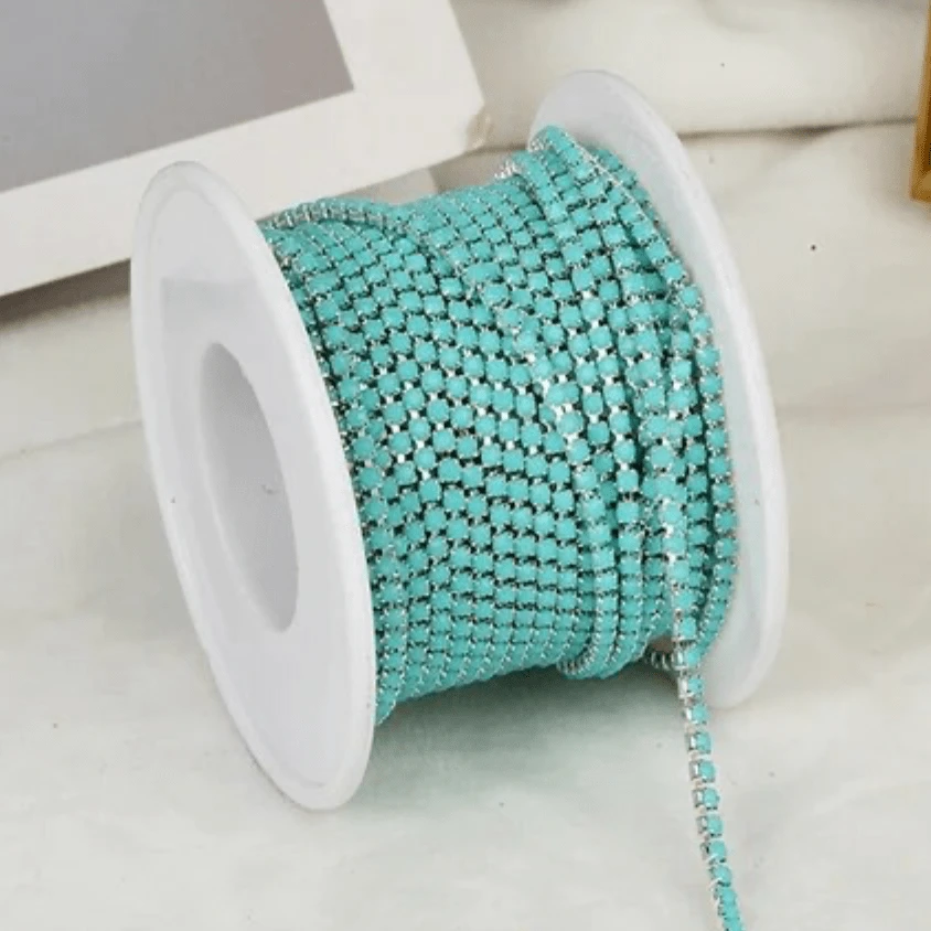 Ss6 LIGHT Turquoise Blue Acrylic on Silver Rhinestone Metal Rope Chain, Sold in yard SS6 Metal Rhinestone Chain