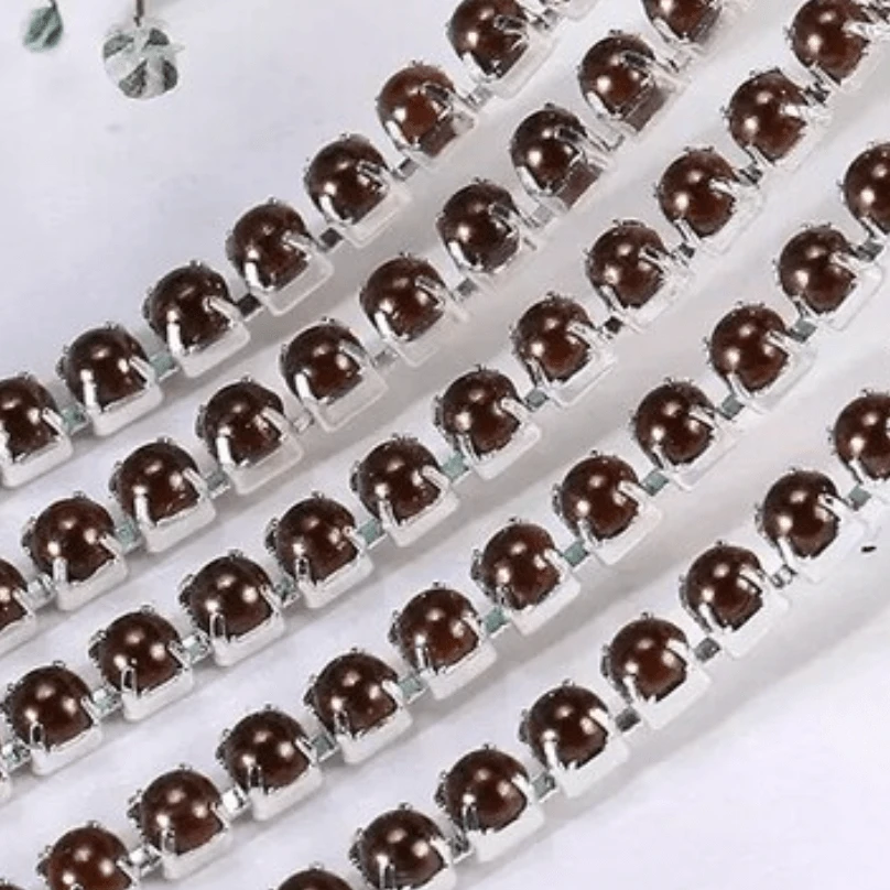 Ss6 Metallic BROWN Pearl Stone in Silver Metal Chain, Rhinestone Metal Chain (Sold in 36") SS6 Metal Rhinestone Chain