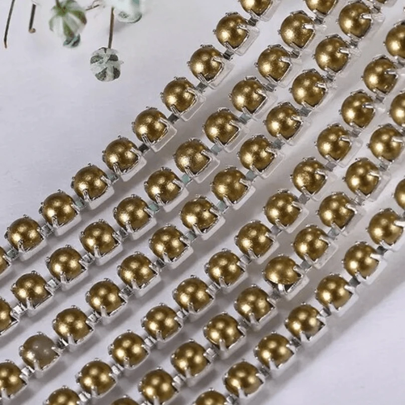 Ss6 Metallic GOLD Pearl Stone in Silver Metal Chain, Rhinestone Metal Chain (Sold in 36") SS6 Metal Rhinestone Chain