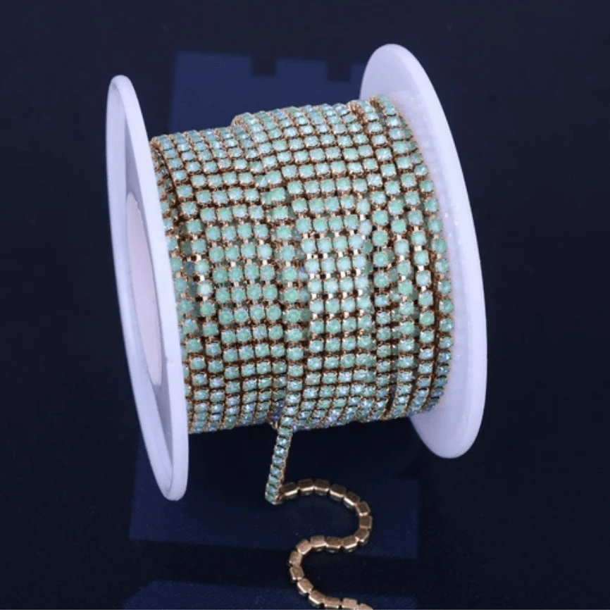 Ss6 Mint AB Opal stone on Gunmetal Coloured Metal Rhinestone Chain (Sold in 36") SS6 Metal Rhinestone Chain